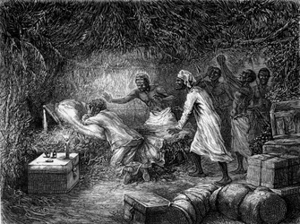 David Livingstone døde av dysenteri i landsbyen Tchitammbo i 1873 - "" Livingstones siste reise 1866-1873"" i "" Tour du Monde"", 2. sem. 1875