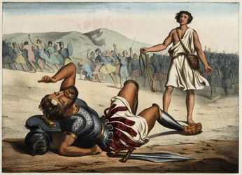 David winner of Goliath. Anonymous engraving from the middle of the 19th century.