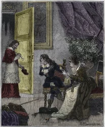 Dupesnes dag - Journee des Dupes 1630- På den tiden da Marie de Medicis forsvarte sin sak, kom kardinal Richelieu - illustrasjon i "Paris gjennom århundret" av Knee-Lac