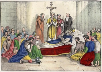Saint Augustins død (354 - 430). Gravering i "" Old and Modern Algeria"" av Léon Galibert. Italiensk utgave i 1846 farge.