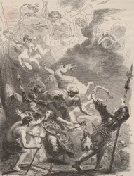 Død av Saint Lievin den store (Livin, eller Lebwin eller Livinus) som evangelist av Flandern, martyrdøden i 657/663. Gravering fra 1868 i «Histoire de Belgique fra primitiv tid til slutten av regne av Leopold I»» av Theodore Juste (1818-1888). Privat