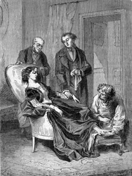 Deces av jenta Hannah Greener i en alder av femten etter en av de første kloroformbedøvelsene 28.01.1848. Gravering fra 1869.