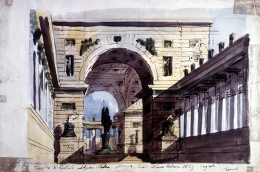 Dekor for operaen "" Medea" av Luigi Cherubini (1760-1842), italiensk komponist, som representerer Pallade-tempelet