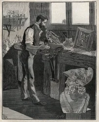 Dekor av sølvtøy: bronsemeiseller. Gravering fra 1885 i "" Les arts et metiers illustres"" av Adolphe BITARD.