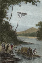 Descent of the Amazon (1743-1744) - The start of the raft by Charles Marie de La Condamine (1701-1774) engraving -