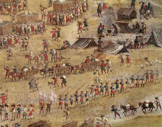 Detalj av Richelieus tropper under beleiringen av La Rochelle (olje på lerret, ca. 1640)