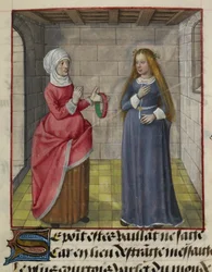 Detalj av en miniatyr av la Vieille (Duenna) og Bel Accueil (Fair Welcome), fra 