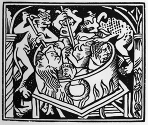 Djevler som plager de frodige i en brønn av ild og svovel - i "" Grand Calendrier et Compost des Bergers"", Lyon