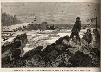 Dr. Hayes, ankommer det frie havet av den arktiske polen, formålet med ekspedisjonen hans, planter det amerikanske stjernebanneret. Gravering for å illustrere reisen til det frie havet på den arktiske polen, av doktor Hayes, kirurg ved den amerikanske mari