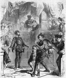 Duel with the sword of François de La Chataigneraie against Guy de Jarnac; Jarnac fatally injured his opponent by cutting his shank; in 1547, engraving of the 19th century.