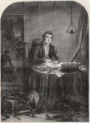 Duke of Wellington (Arthur Wellesley (1769-1852) Duke of Wellington) skriver utsendelse etter Waterloo, 19. juni 1815 - gravering 1852