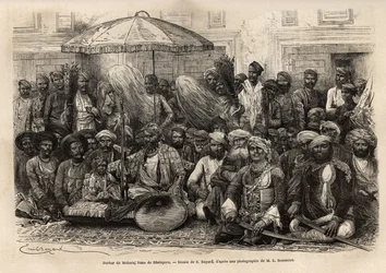 Durbar (feodalt og juridisk råd i en fyrstelig stat) av Maharaja Rana, fra kongeriket Dholepore (Rajasthan). Engravure pour illustrrer l'Inde des Rajahs, av Louis Rousselet, i 1864-1868, utgitt i "" Le tour du monde""" 1872, re