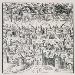 Jordskjelv i Baden - i "" Samling av 39 figurer som representerer ulykkene i Frankrike fra 1562 til 1586"; Louis Perrin trykking