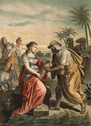 Eliezer, Abrahams tjener, har nettopp funnet Rebeccas fremtidige kone til Isak. Gravering av 1881.i "" The Cult of Beauty"" av Juan Justo Huguet, Molinas Hermanos redaktører
