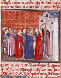 Keiser Charlemagne (742-814) kroner går inn i en kirke etterfulgt av miniatyrprelat fra "" Les grandes Chronicles de France"" Chantilly fra 1400-tallet, Musee Conde