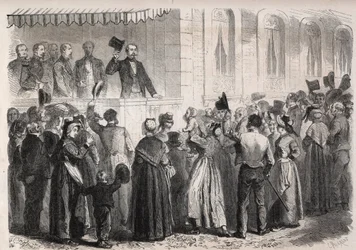 Keiser Napoleon III (1808-1873) på terrassen til villaen til Strauss a Vichy, møtt av folket på landsbygda søndag 7. juli 1861 - Gravering i "" The Illustrous World""