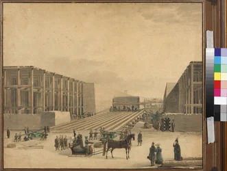 Keiser Nicholas I besøker byggeplassen til Alexandersøylen - Anonym. Akvarell på papir, etter 1836. State Museum of the History of Saint Petersburg
