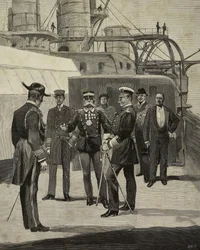 Keiser Wilhelm II av Tyskland (1859–1941) besøker slagskipet Sicilia, Venezia, Italia, tegning av EX fra L#39;Illustrazione Italiana, år XXI, nr. 15, 15. april