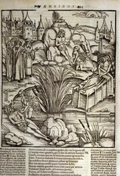 Eneide de Virgil (70 f.Kr.-19 f.Kr.), bok XII, den trojanske helten Enee blir mirakuløst behandlet av Venus, han bestemte seg da for å storme byen Latinus. Kongen av Lazio dør (til høyre) og det er Enee som skal bli kongen som marger datteren til avdøde La