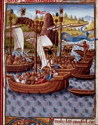 Fiender ankommer Roma for å be om fred fra romerne Miniatyr fra "" Roman History"" (Ad urbe condita) av Titus Live (59 f.Kr.-17 e.Kr.) (Titus Livius), oversatt av Pierre Bressuire (ms. 310) 1450- 1500 - Chantilly, musee Conde - Fiendene kommer til Roma t