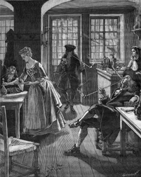 England, late 17th century: men smoking in a cafe. Engraving of the 19th century. In “Histoire de France” by Jules Michelet