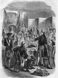 English Admiral Augustus Keppel before the Council of War after THE NAVAL BATTLE OF OUESANT (100 nautical miles west of the island, during the American War of Independence) on 27 July 1778.