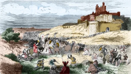 Gravering: Korstog mot katarene - albigenserne - Erobringen av Béziers 21. juli 1209 av Simon de Montfort (Simon IV, greve av Montfort); de 7000 innbyggerne blir massakrert og byen plyndret og brent - Gravering i «Histoire de France en cent peintures»
