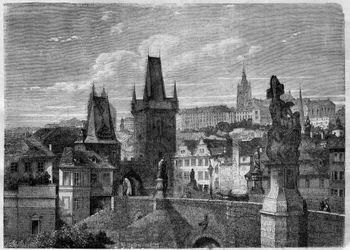 Hovedretten til Karlsbroen i Praha - Gravering i "" Le Journal Illustre""