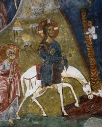 Kristi inntreden i Jerusalem, fresco (1100-tallet), Ayios Nikolaos tis Steyis (Saint Nicholas of Roof) (11. århundre) (Unescos verdensarvliste, 2001), Troodos-fjellene, Kypros, detalj