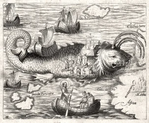 Episode av Legenden om Saint Brandan (Brendan): en fantastisk reise for den irske abbeden på 600-tallet på jakt etter et jordisk paradis. Trykk fra 1621.