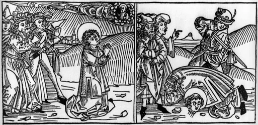 Episode av Saint Donats liv (død rundt 355) Gravering fra “Leben der Heiligen - sommerteil” (Helgenboken) av Jacobus (James) av Voragine (1228-1298). Lübeck 1488.