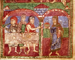 Episode av livet til Sainte Radegonde (Radegundis) de Poitiers (519-587), kone til Clotaire I, kongen av frankerne: Radegonde under veldedighetsarbeidet tjener ved de fattiges bord. Miniatyr fra et manuskript fra 1000-tallet. Kommunale bibliotek i Poitiers