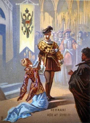 Ernani de Giuseppe Verdi, akt IV, scene IV. kromolitografi fra 1800-tallet.