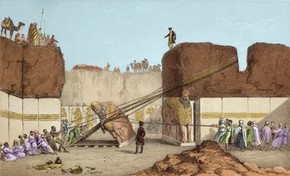 Utgravninger i Ninive (Nineveh) - Ruinene av Nimrud (Nimroud) av Henri Layard (etter hans reise til Mesopotamia på 1800-tallet); utskifting av den store bevingede oksen - Transporten av en bevinget okse fra Nimrud under utgravningene ved Sir Austen Henry