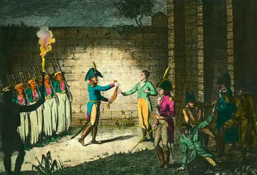 Henrettelse av Louis de Bourbon, hertugen av Enghien (1772-1804) 21. mars 1804 i Vincennes, mistenkelig uten bevis for konspirasjon mot den første konsulen Napoleon Bonaparte. Gravering omkring 1804. Privat samling