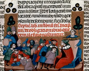 Henrettelse av en domfellelse i miniatyr fra Justinian Code (Codex Justinianus), en samling lover og institusjoner omfordøyd under den romerske keiseren Justinian I av Byzantium (483-565)