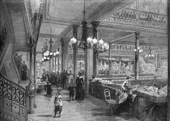 Utvidelser av "Bon marche"-butikkene: Nytt galleri som fører til bufféen. Paris 1880.