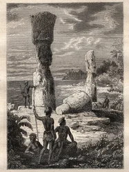 Ekspedisjon rundt om i verden (1785-1788) av Jean Francois Galaup de La Perouse (1741-1788): urbefolkningen på Påskeøya ser på monumentale statuer (Moai) - illustrasjon hentet fra "The Great Mariners of the 18th century""
