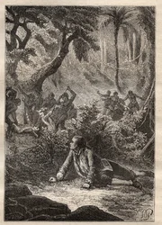 Expedition by Nicolas Thomas Marion-Dufresne (Marion Dufresne) (1729-1772): the only surviving sailor witness the massacre of all his comrades, including Marion, by the natives of Assassins Bay (Matuaro Island, New Zealand) - illustration taken from “The G