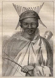 Ekspedisjon til det indre av landene i Sør-Afrika (1775) av Anders Sparrman (1748-1820): en boschiman (Bochiman eller San, urfolk i Sør-Afrika) - illustrasjon hentet fra "The Great Mariners of the 18th century""