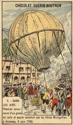 Experience of 5 June 1783 by the Montgolfier brothers at Annonay.Chromo of the late 19th century.