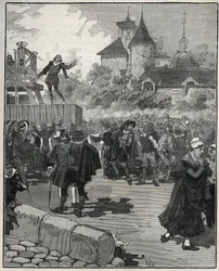Erfaring med mekanisk gruvedrift av Nicolas Briot (gravør av kongeriket Frankrike) (1579-1646) i 1616. Gravering fra 1885 i “”Les arts et metiers illustrés”” av Adolphe BITARD.