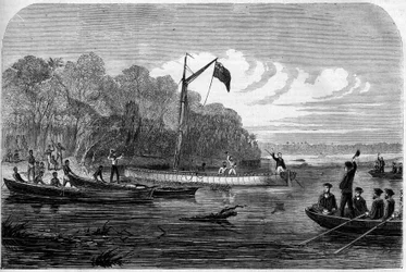 Exploration of journalist Henry Morton Stanley (1841-1904) in search of Dr. David Livingstone (1813-1873), a British doctor and explorer in Southern Africa. Engraving in “” The Illustrious Universe””