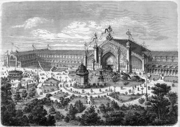 Exposition Universelle de Lyon: the galleries seen from the park. Engraving in “” L