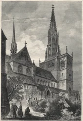 Utvendig utsikt over Notre Dame-katedralen i Constance, Tyskland. Gravering i "The Universe illustrious"