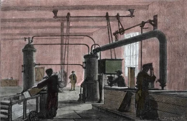 Fabrikk for fremstilling av is med systemet til Ferdinand Carre (1824-1894). Gravering fra 1800-tallet.