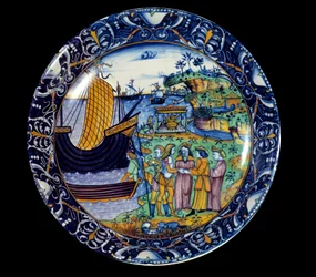 Fajansefat som representerer ankomsten til Enee i Delos mottatt av kong Arius. 1497 Sevres, Nasjonalt renessansemuseum