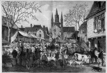 Fair in Brittany on the square of a village. Engraving in “” Le Monde Illustré””