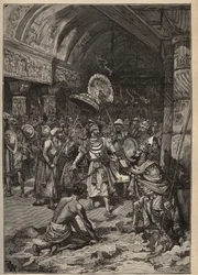 Kjente diamanter: Lahores maharajah, Ranjit Singh (1780-1839), overtar Koh-i Nor-diamanten (Koh i Nor, Kuh-e Nur, Kuh e Nur, Koh-i-noor, Koh i Noor). Gravering fra 1885 i "" Les arts et metiers illustres"" av Adolphe BITARD.