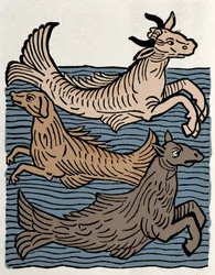 Fantastiske skapninger: representasjon av en ku, hund og sjøhest. Gravering fra "Hortus sanitatis""